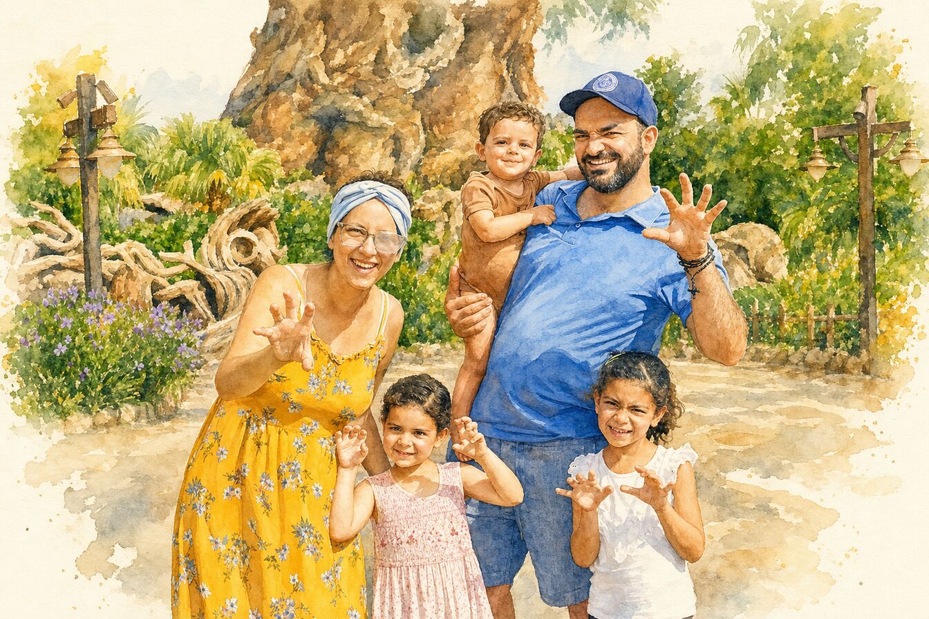 A watercolour portrait of John Saad with his wife Vero and their three children, all with hands raised mid-roar